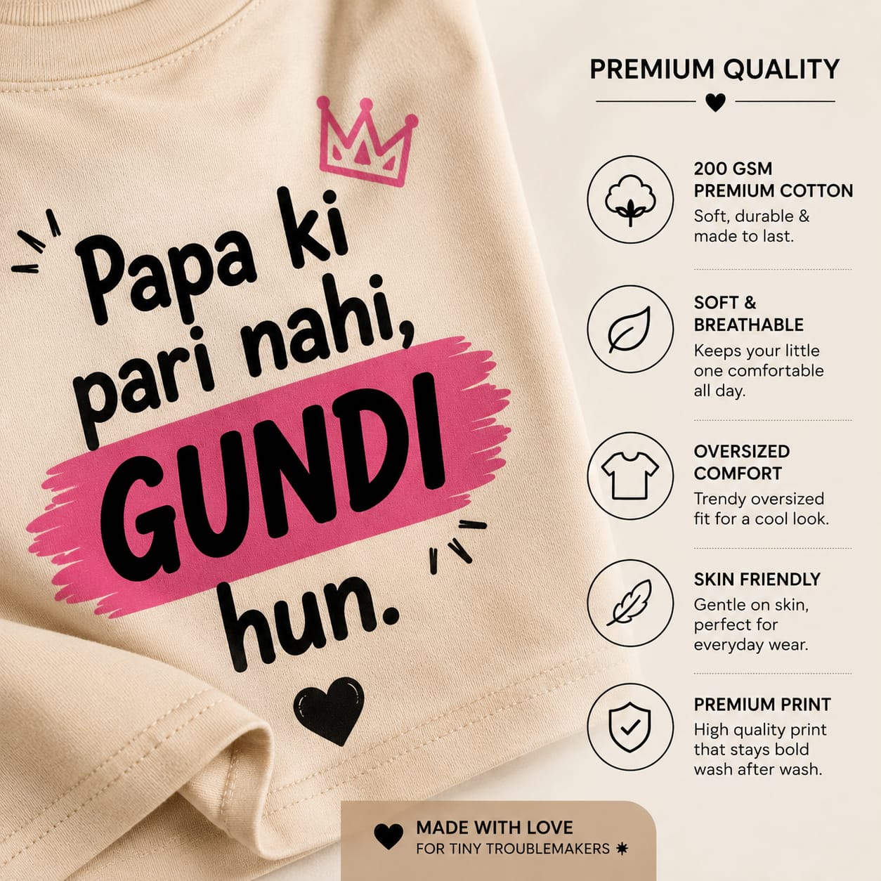 Papa Ki Pari Nahi, Gundi Hun 🖤 | Oversized Kids T-Shirt